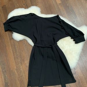 Black Button Sleeve & Tie Waist Dress